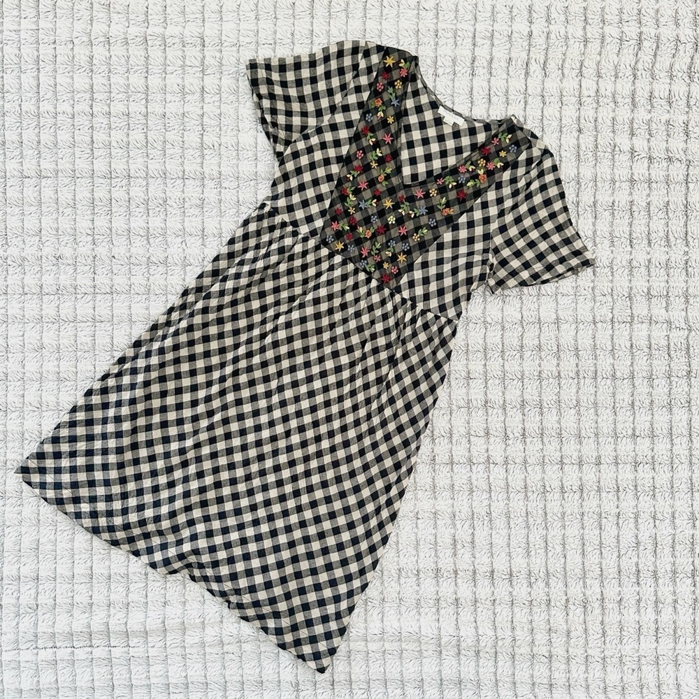 Roolee Black and White Checkered Dress with Floral Embroidery - Picture 2 of 4